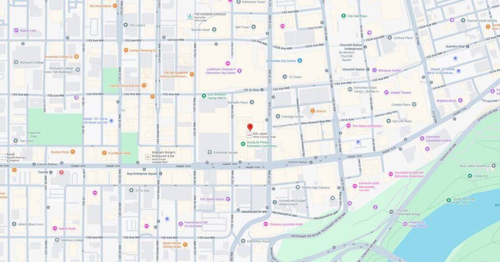 Map of downtown city area showing streets, parks, and landmarks for navigation and urban planning.