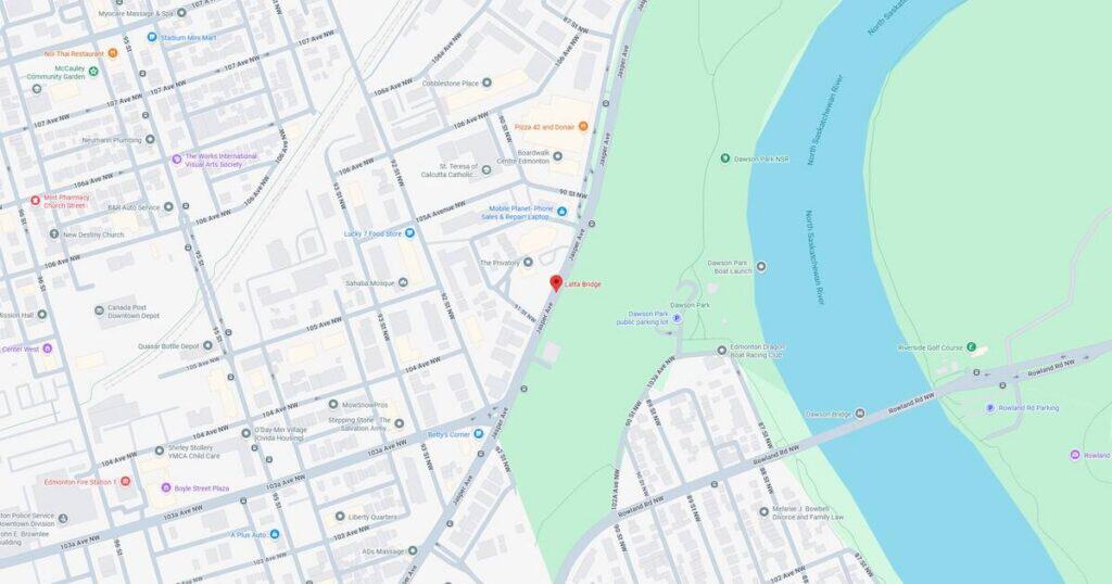 Map showing Riverside Park, City Bridge, and surrounding streets along the river in downtown.